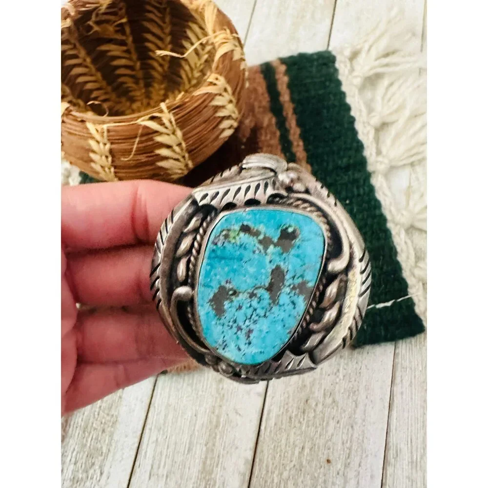 Handcrafted Old Pawn Turquoise & Sterling Silver Cuff Bracelet - Picture 5 of 7